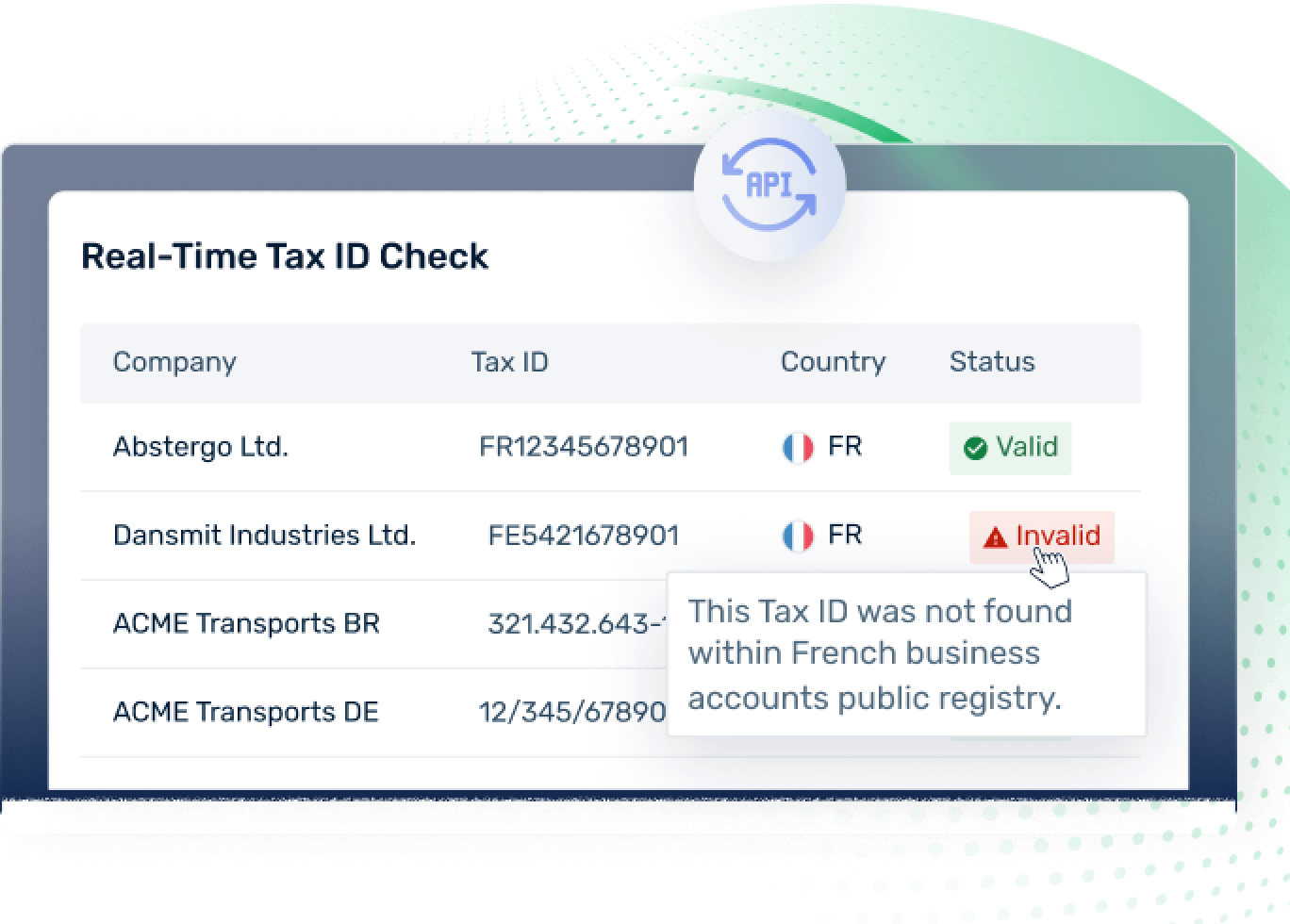 Real-Time Tax ID Check screen